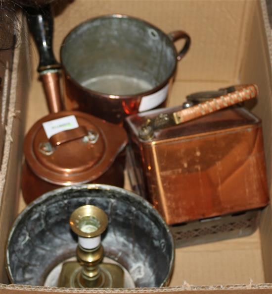 19th century copper saucepan, large cylindrical 18th century copper measure, brass candlestick and 2 other copper items